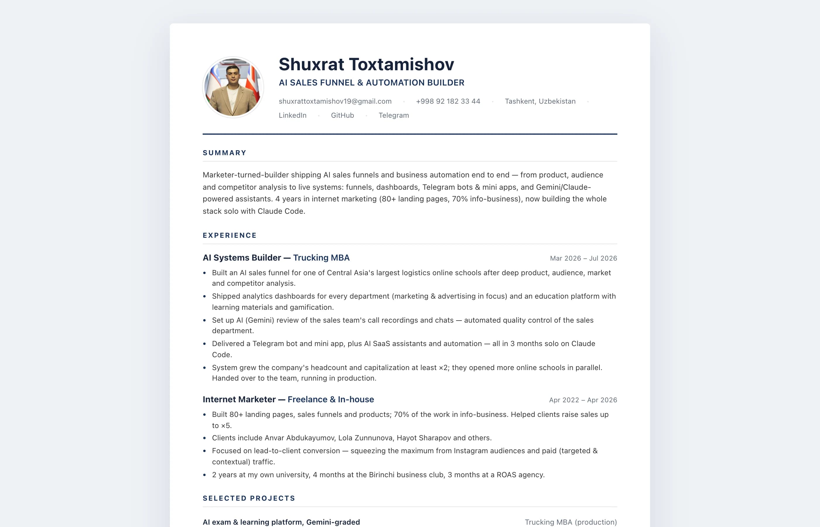 Interactive résumé site (RU/UZ/EN + PDF)